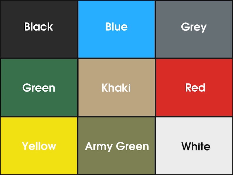 Puede incluir: Una tabla de colores con nueve cuadrados que muestran diferentes colores. Los colores son negro, azul, gris, verde, caqui, rojo, amarillo, verde militar y blanco.
