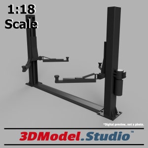Puede incluir: Un modelo negro a escala 1:18 de un elevador de coches de dos postes. El elevador est&aacute; en posici&oacute;n elevada con los brazos extendidos. El modelo est&aacute; hecho de pl&aacute;stico y est&aacute; dise&ntilde;ado para su uso con coches de modelismo.