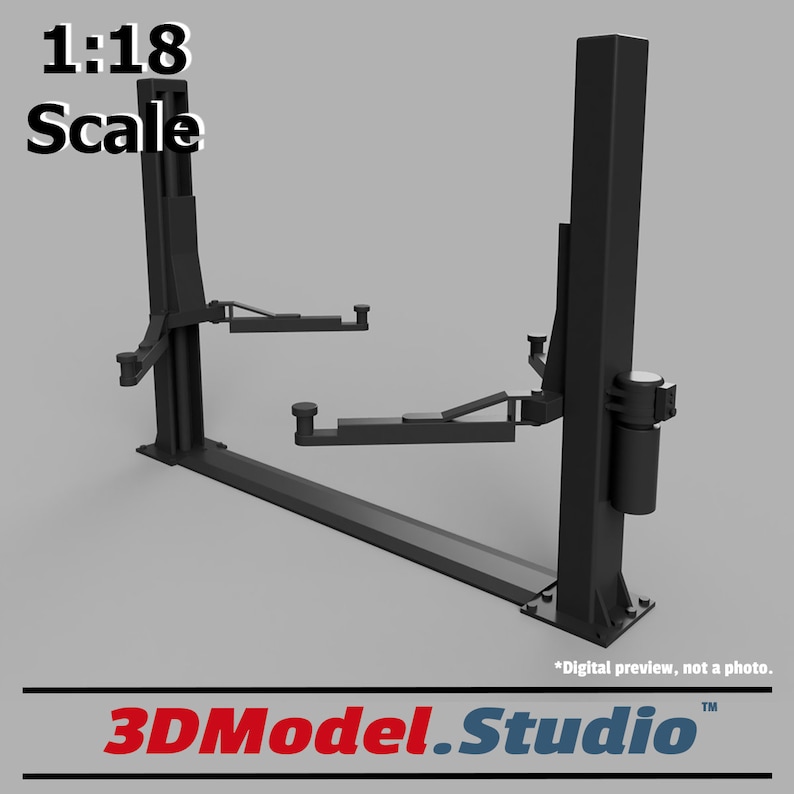 Puede incluir: Un modelo negro a escala 1:18 de un elevador de coches de dos postes. El elevador est&aacute; en posici&oacute;n elevada con los brazos extendidos. El modelo est&aacute; hecho de pl&aacute;stico y est&aacute; dise&ntilde;ado para su uso con coches de modelismo.