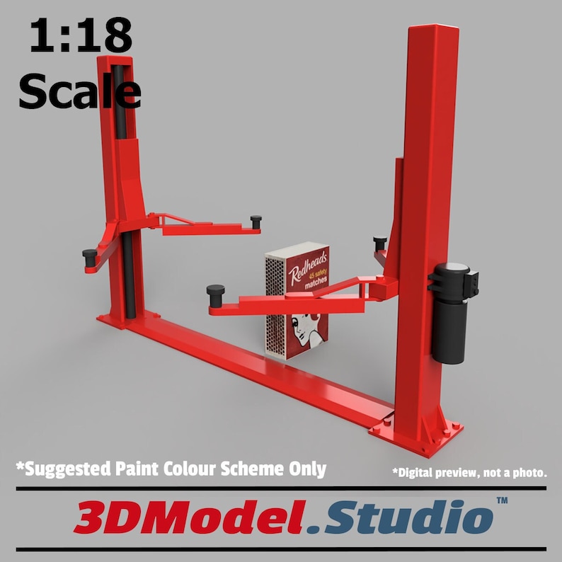 Puede incluir: Un modelo a escala 1:18 de un elevador de coches de dos postes, de color rojo. El elevador est&aacute; en posici&oacute;n elevada con los brazos extendidos. El modelo est&aacute; hecho de pl&aacute;stico y tiene un esquema de color de pintura sugerido.