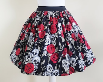 Falda de calaveras, falda de calaveras y rosas, falda de mujer, disfraz de calaveras, estilo retro, falda gótica, moda original, falda geek, falda nerd, falda rockabilly