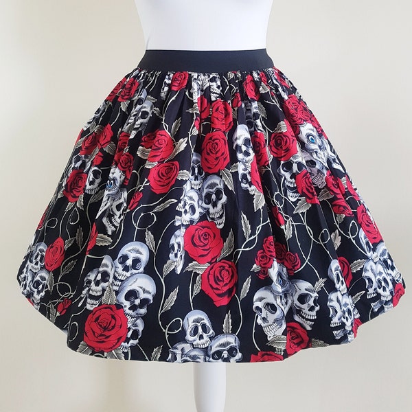 Jupe Crânes, Jupe Crânes et Roses, Jupe Femme, Costume Crânes, Rétro, Jupe Gothique, Mode Excentrique, Jupe Geeky, Nerd, Jupe Rockabilly