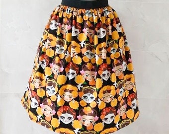Falda de Frida Kahlo, Estampado de Frida Kahlo, Ropa de Frida, Regalo de Frida, Falda de mujer, Falda fruncida, Falda hippie, Moda peculiar, Rockabilly
