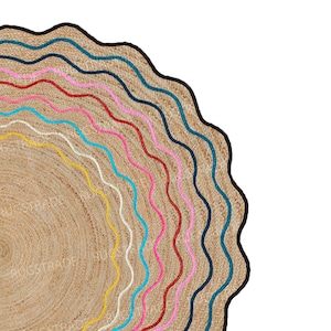 May include: A round jute rug with a scalloped edge and colorful wavy lines. The rug features a natural brown color with a black border and vibrant accents in yellow, turquoise, pink, and red. The rug's diameter is not visible.