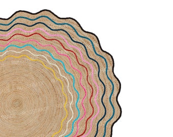 Tapete de juta com borda ondulada - Tapete redondo de juta, Tapete redondo de juta ondulado, Decoração boho, Tapete redondo, Tapete redondo de juta tecido à mão, Tapete redondo boho, Tapete personalizado