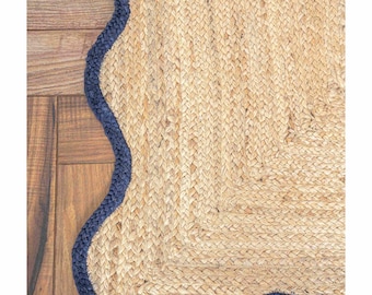 Natural Braided Jute Rug, Handmade Scalloped Area Rug, Boho Farmhouse Rug, Coastal Living Room Rug, Woven Home Decor