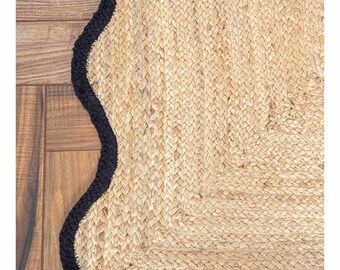 Braided Jute Rug, Handmade Natural Area Rug, Scalloped Boho Rug, Woven Farmhouse Rug, Coastal Living Room Decor