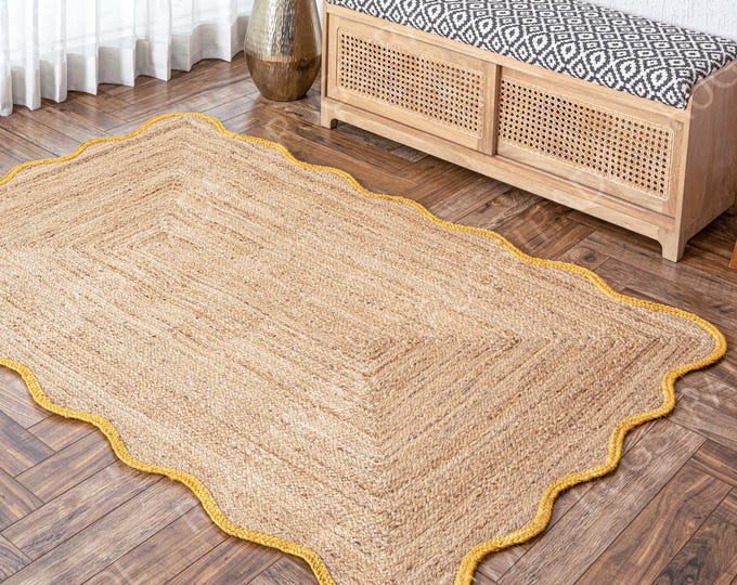 Yellow Wave Edge Jute Rug - Scalloped Jute Rug, Bohemian Scallop Rug, Customizable