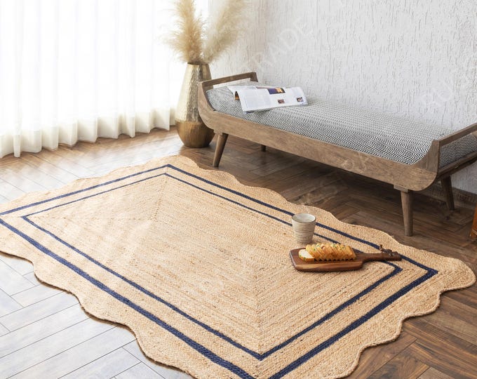 Jute Runner Rug- Navy Scallop Rug, Scallop Runner Rug, Bohemian Rug, Jute  Scalloped Rug, Jute Rug Rectangular, Scallop Jute Rug, Custom Rug