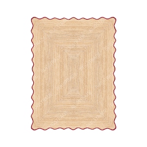Tapete de juta recortado - Tapete de juta rústico com borda ondulada vermelha, Tapete de juta recortado, Tapete de vieira boho, Tapete retangular de juta natural, Tapete personalizado