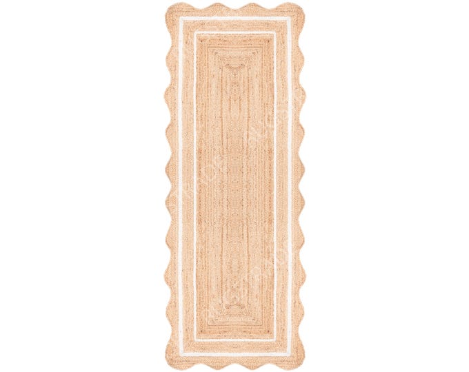 Handmade Jute Scalloped Runner Rug – Bohemian Natural Fiber, Scallop Jute Rug, Custom Rug