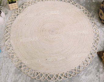 Weißer runder Teppich - Runder Juteteppich, runder Boho-Teppich, natürlicher Juteteppich, runder Teppich mit Rand, Kreisteppich, runder Wohnkulturteppich