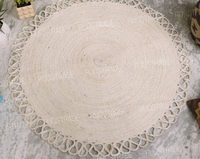White Round Rug - Round Jute Rug, Bohemian Round Rug, Natural Jute Rug, Bordered Round Rug, Circle Rug, Home Decor Round Rug, Custom Rug