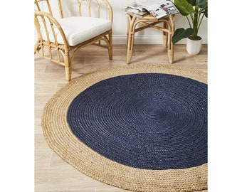 Alfombra redonda de yute 4x4 Ft.Navy, alfombra de fibra natural hecha a mano alfombra trenzada alfombra de área redonda, alfombra de yute redonda, alfombra redonda, alfombra ecológica, alfombra colorida
