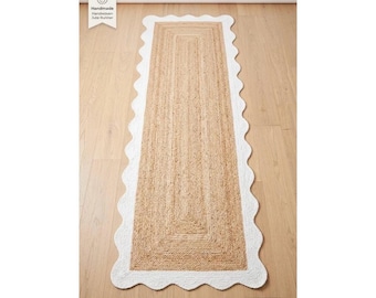 Scalloped Jute Runner Rug, Boho Coastal Farmhouse Runner, Custom Size Hallway Rug, Durable Neutral Kitchen Runner Rug