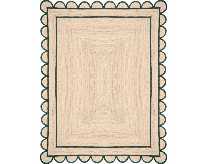 Jute Rug - Emerald Green Scalloped Jute Rug, Runner Rug, Door Mat, Handcrafted Rug, Stair Runner, Rugs Gift, Christmas Door Mat, Custom Rug