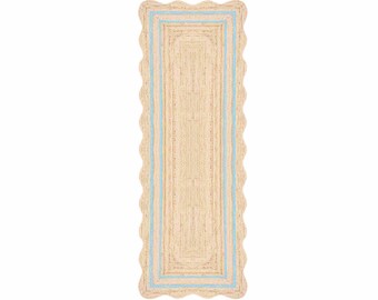 Scalloped Jute Runner Rug Teal Blue, Jute Runner Rug 2x6, Handmade Braided Hallway Runner, Kitchen Entryway Rug, Natural Jute Runner