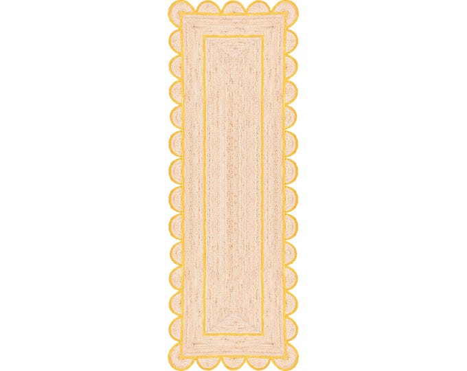 Scalloped Jute Rug - Yellow Edge Scalloped Jute Rug, Door Mat, Handcrafted Rugs ,Nursery Rug, Rugs Gift, Yoga Mat ,Custom Jute Rug, Carpet