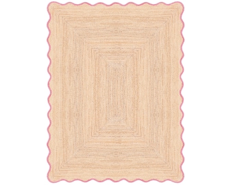 Scalloped Jute Rug Pink , Handmade Braided Jute Area Rug 5x7 8x10 9x12, Natural Jute Rug, Boho Living Room Rug, Farmhouse Decor
