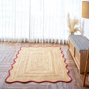 Scalloped Jute Rug Rustic Red Wave Edge Jute Rug, Jute Scalloped Rug ...