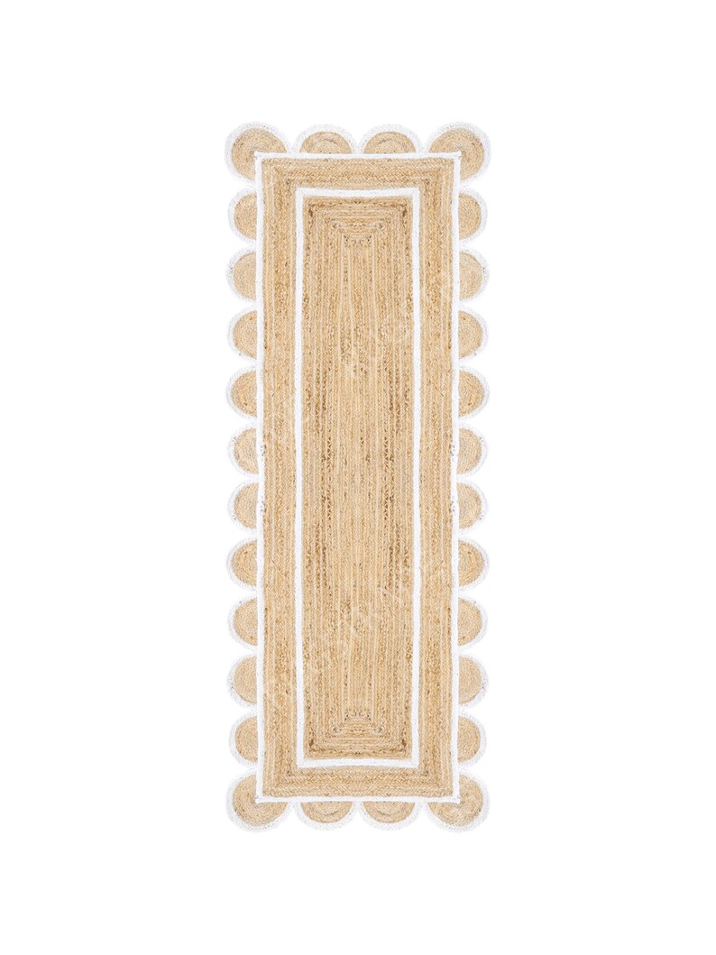 Alfombra de yute natural con borde festoneado - Alfombra de yute blanca con borde festoneado, alfombra de yute grande, alfombra con borde festoneado, alfombra de yute tipo pasillo, alfombra cuadrada de yute estilo bohemio, alfombra personalizada imagen 3