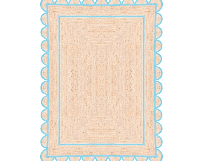 Teal Blue Scallop Edge Jute Rug - Scalloped Jute Rug, Jute Scalloped Rug, Bohemian Scallop Rug, Rectangular Natural Jute Area Rug,Custom Rug