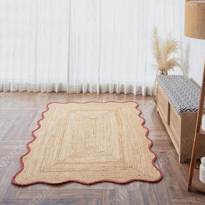 Alfombra de yute - Rojo rústico, alfombra de pasillo con borde festoneado, alfombra de cocina trenzada hecha a mano, alfombra bohemia natural imagen 6