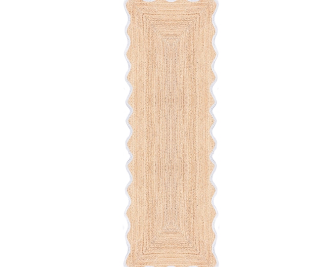 Scalloped Jute Rug- White Edge Wavy Jute Rug, Runner Rug, Door Mat, Handcrafted Rug, Stair Runner, Rattan Rugs, Rugs Gift, Custom Rugs