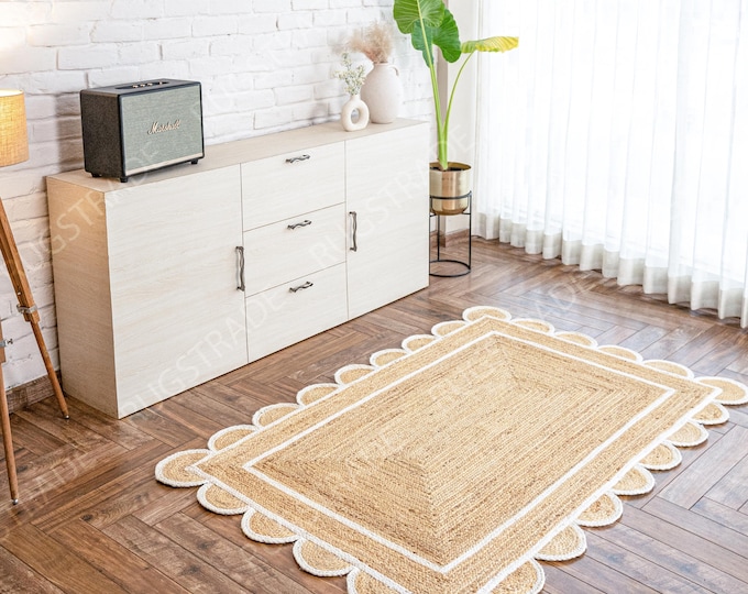 White Scalloped Jute Rug- Natural Scallop Rug, Large Area Jute Rug, Scalloped Rug, Jute runner Rug, Jute Rug Square Boho Jute Rug Custom Rug