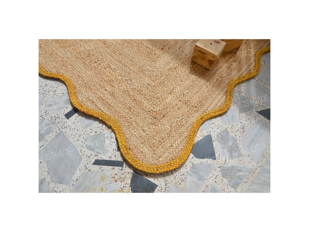 Scallop Jute Rug Yellow Trim Jute Rug Scalloped Rug Boho Etsy