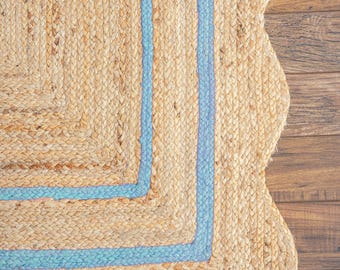 Braided Jute Rug, Handmade Natural Area Rug, Scalloped Boho Rug, Woven Farmhouse Rug, Coastal Living Room Decor