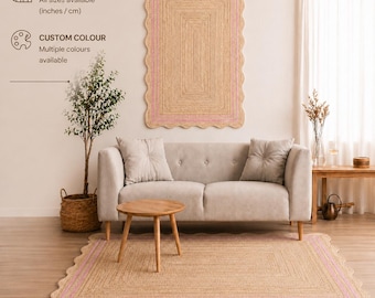 Custom Size Jute Rug, Handmade Scalloped Jute Rug, Long Hallway Runner, Braided Natural Rug, Made to Order Area Rug