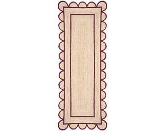 Scalloped Jute Runner Rug Rustic Red, Handmade Hallway Runner, Braided Kitchen Runner, Natural Entryway Rug 2x6