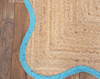 Braided Jute Rug, Handmade Natural Area Rug, Scalloped Boho Rug, Woven Farmhouse Rug, Coastal Living Room Decor