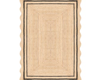 Scalloped Jute Rug - Black, Handmade Braided Jute Area Rug 5x7 8x10 9x12, Natural Jute Rug, Boho Living Room Rug, Farmhouse Decor