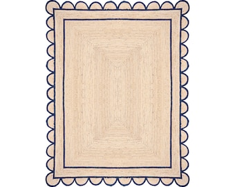 Scalloped Jute Rug Navy, Handmade Woven Area Rug 5x7 8x10 9x12, Braided Natural Jute Rug, Coastal Farmhouse Decor