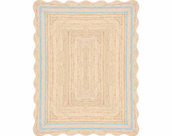 Scalloped Jute Rug Teal Blue, Handmade Braided Jute Area Rug 5x7 8x10 9x12, Natural Jute Rug, Boho Living Room Rug, Farmhouse Decor