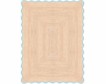 Scalloped Jute Rug - Teal Blue, Handmade Braided Jute Area Rug 5x7 8x10 9x12, Natural Jute Rug, Boho Living Room Rug, Farmhouse Decor