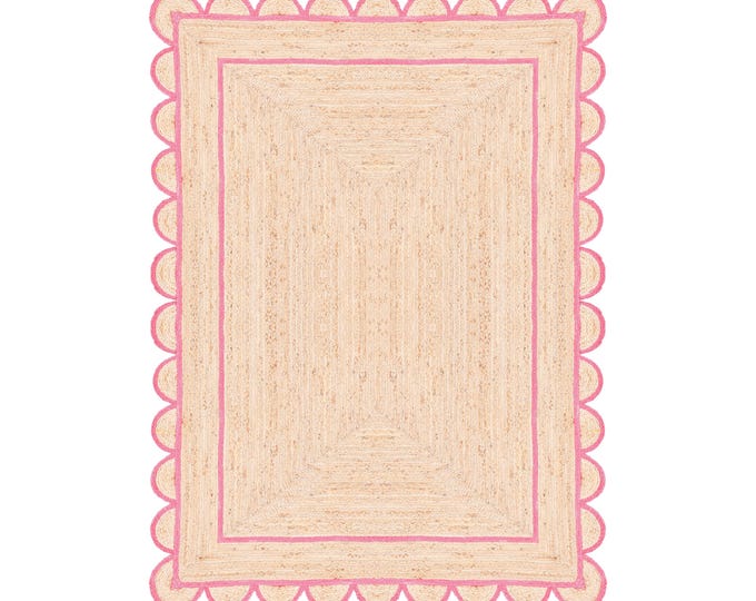 Jute Rug - Dark Pink Scalloped Jute Rug, Runner Rug, Door Mat, Handcrafted Rug, Stair Runner, Rugs Gift, Christmas Door Mat, Custom Rugs,