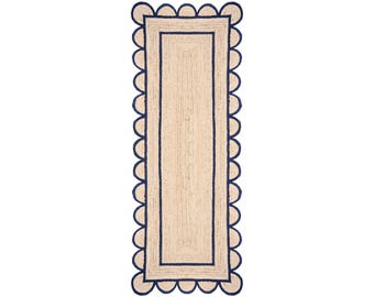 Scalloped Jute Runner Rug Navy, Handmade Braided Hallway Runner 2x6, Natural Kitchen Runner, Entryway Floor Rug