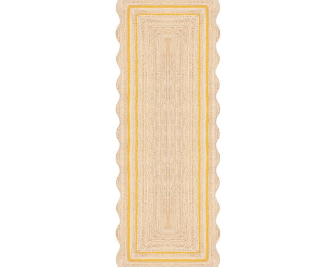 Jute Rug - Yellow Wavy Scalloped Jute Rug, Door Mat, Handcrafted Rugs ,Nursery Rug, Rugs Gift, Door Mat  ,Yoga Mat ,Custom Jute Rug