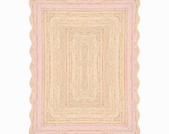 Scalloped Jute Rug Pink, Handmade Braided Jute Area Rug 5x7 8x10 9x12, Natural Jute Rug, Boho Living Room Rug, Farmhouse Home Decor