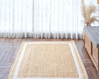 Handbraided Jute Rug: Natural Beige, White Border, Boho Style