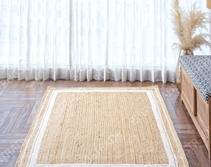 Handbraided Jute Rug: Natural Beige, White Border, Boho Style