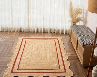 Rustic Red Wave Edge Jute Rug - Scalloped Jute Rug, Jute Scalloped Rug, Bohemian Scallop Rug, Rectangular Natural Jute Area Rug, Custom Rug