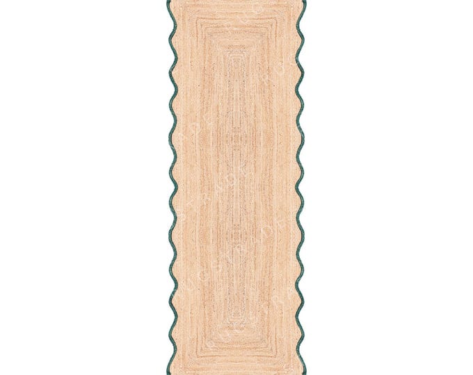 Emerald Green Scalloped Jute Rug- Scallop Jute Rug, Jute Rug, Boho Jute Rug, Scalloped Rug, Natural Jute Area Rug, Jute Decor Rug Custom Rug