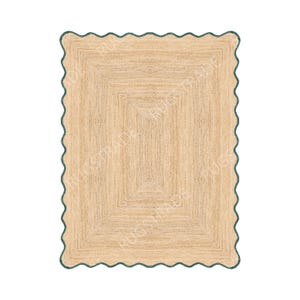 Scallop Jute Rug- Emerald Green Scalloped Jute Rug, Jute Rug, Boho Jute Rug, Scalloped Rug, Natural Jute Area Rug, Jute Decor Rug Custom Rug