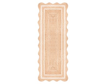Handmade Jute Scalloped Runner Rug – Bohemian Natural Fiber, Scallop Jute Rug, Custom Size Option