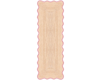 Scalloped Jute Runner Rug Pink , Hallway Runner Rug, Braided Jute Runner, Kitchen Runner Rug, Entryway Rug, Handmade Natural Jute Rug