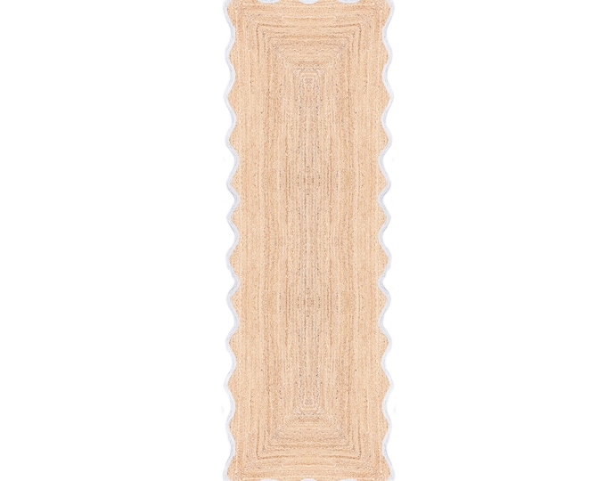 Scalloped Jute Rug- White Edge Wavy Jute Rug, Runner Rug, Door Mat, Handcrafted Rug, Stair Runner, Rattan Rugs, Rugs Gift, Custom Rugs